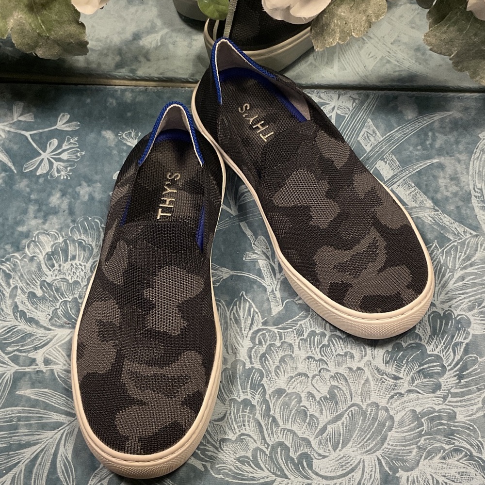 Rothy's Black and Gray Camouflage Slip-Ons